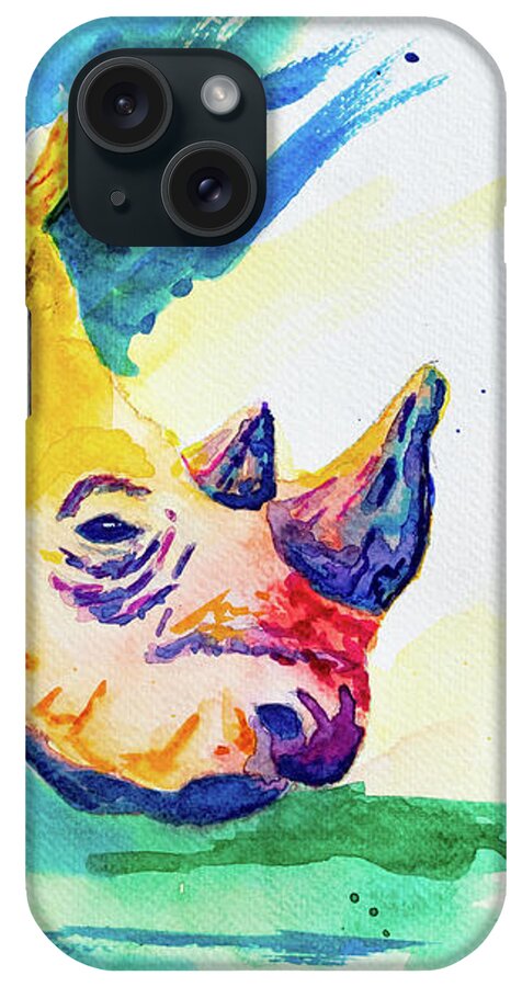 Rhino iPhone Case featuring the painting Rainbow Rhino by Bonny Puckett