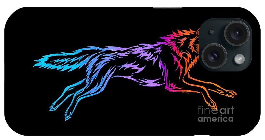 Wolf iPhone Case featuring the drawing Rainbow Running Tribal Wolf by Rebecca Wang
