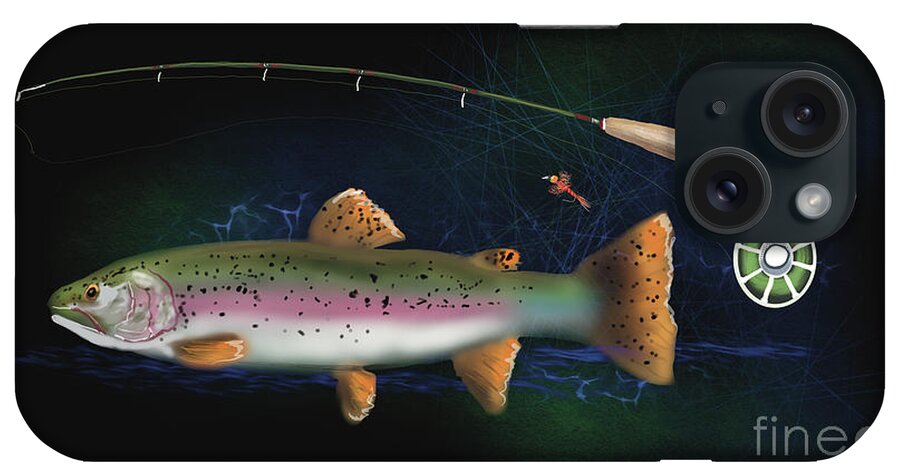 Fly Rod iPhone Case featuring the digital art Rainbow Trout and Fly Rod by Doug Gist