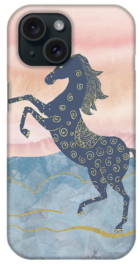 Rearing Horse iPhone Case featuring the digital art Rearing Horse in the Morning Sun - Gold Ornamental Theme by Andreea Dumez