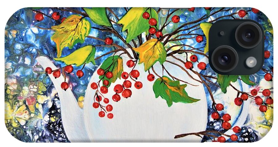 Wall Art Home Decor Red Berries Yellow Leaves Viburnum Red Teapot Abstract Painting Acrylic Painting Pouring Art Pouring Technique Gift Idea Gallery Art iPhone Case featuring the painting Red Berries by Tanya Harr