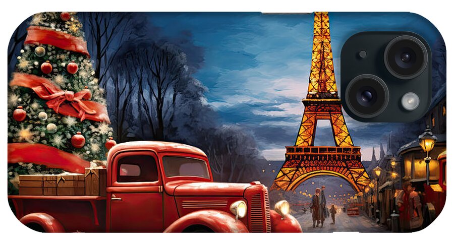 Christmas Art iPhone Case featuring the painting Red Christmas Truck Under the Eiffel Tower Lights by Lourry Legarde
