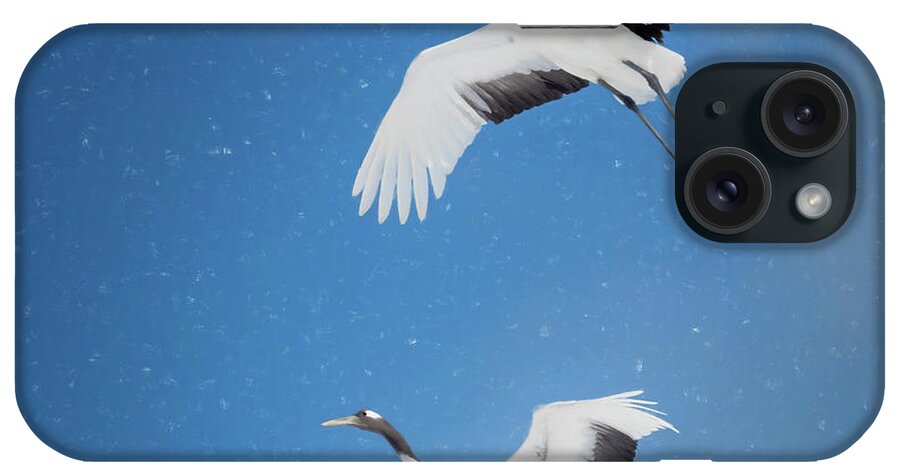 Kushiro iPhone Case featuring the photograph Red Crowned Cranes in Flight Artistic Hokkaido Japan by Joan Carroll