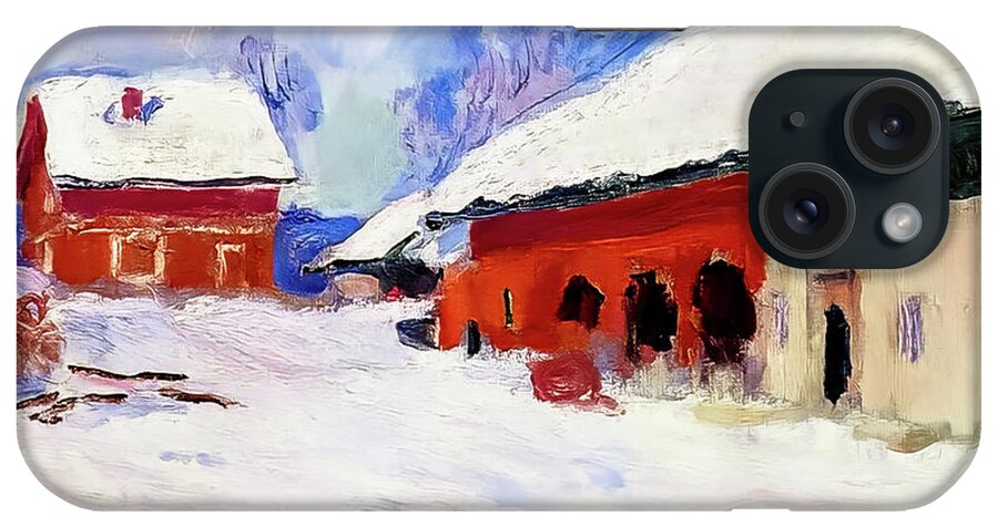 French iPhone Case featuring the painting Red Houses at Bjornegaard in the Snow, Norway by Claude Monet 18 by Claude Monet