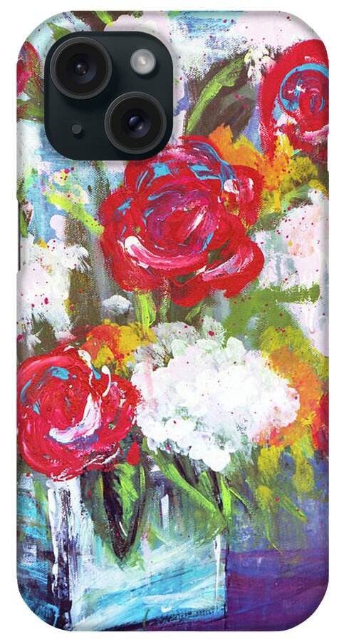 Roses iPhone Case featuring the painting Red Roses Hydrangea Dripping Boho Floral Bouquet in Vase by Joanne Herrmann