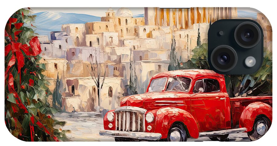 Christmas Art iPhone Case featuring the painting Red Truck at the Temple of Poseidon - A Christmas Fantasy by Lourry Legarde