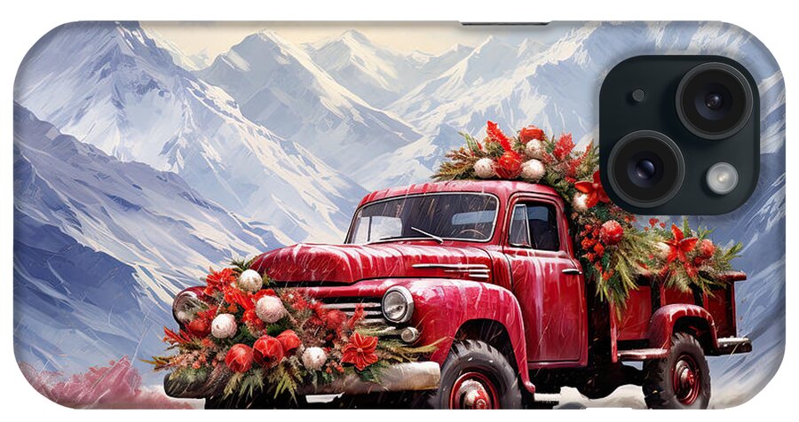 Christmas Art iPhone Case featuring the painting Red Truck in Mount Everest by Lourry Legarde