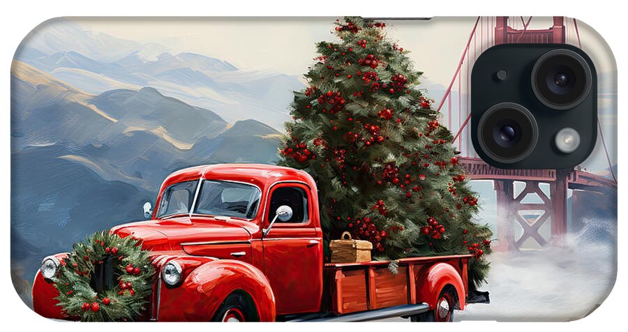 Christmas Art iPhone Case featuring the painting Red Truck Passes the Golden Gate Bridge in San Francisco - Iconic Red Truck Art by Lourry Legarde