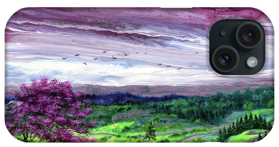 Redbud iPhone Case featuring the painting Redbud Tree Over a Twilight Vista by Laura Iverson