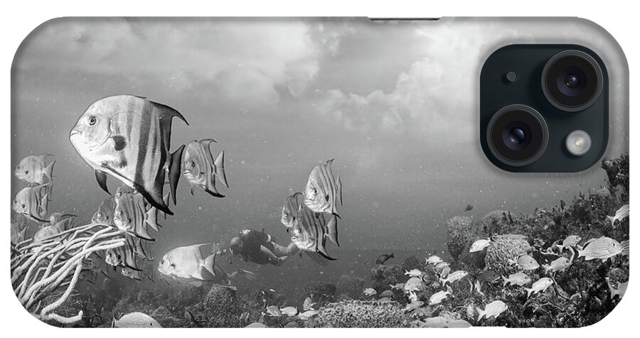 Black iPhone Case featuring the photograph Reef Under the Sea and Sky Black and White by Debra and Dave Vanderlaan