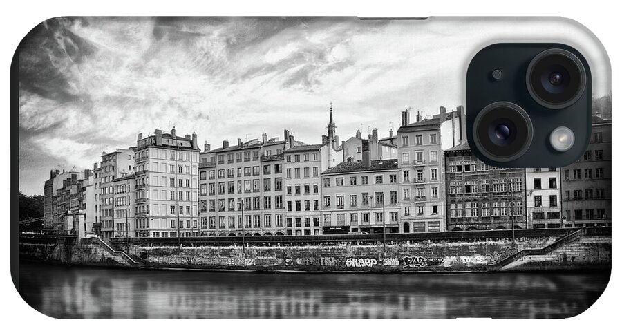 Lyon iPhone Case featuring the photograph Reflections of The Saone River Lyon France Black and White by Carol Japp