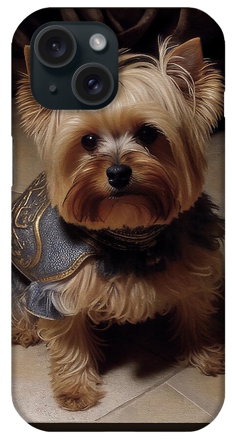 Yorkie iPhone Case featuring the digital art Renaissance Yorkie in Armour by Shehan Wicks