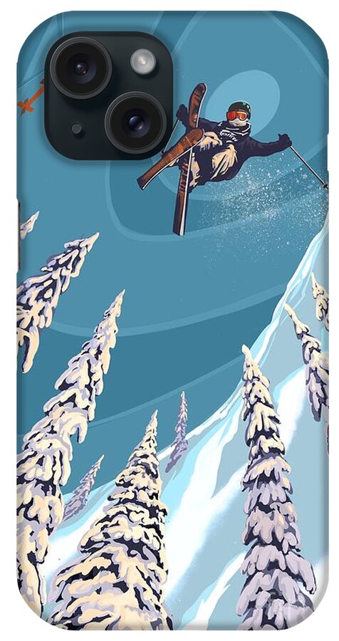 Retro Ski Art iPhone Case featuring the painting Retro Ski Jumper Heli Ski by Sassan Filsoof