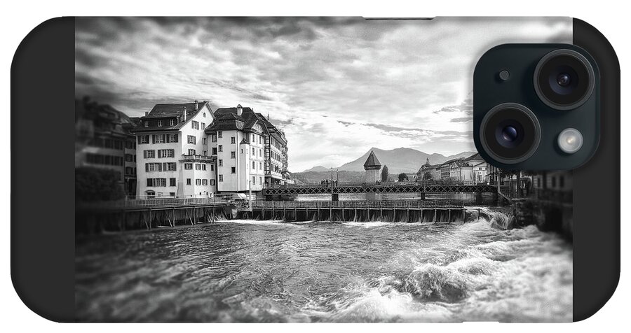 Lucerne iPhone Case featuring the photograph Reuss River Lucerne Switzerland Black and White by Carol Japp