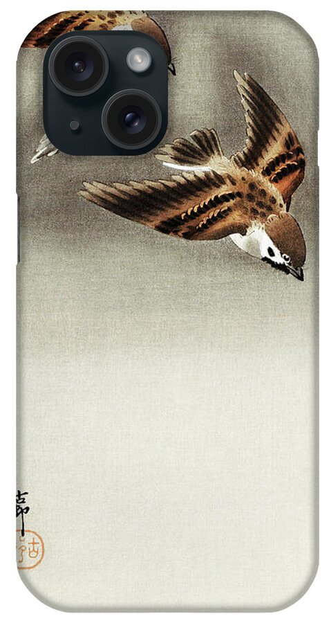 Bird iPhone Case featuring the painting Ring sparrows in snow by Ohara Koson