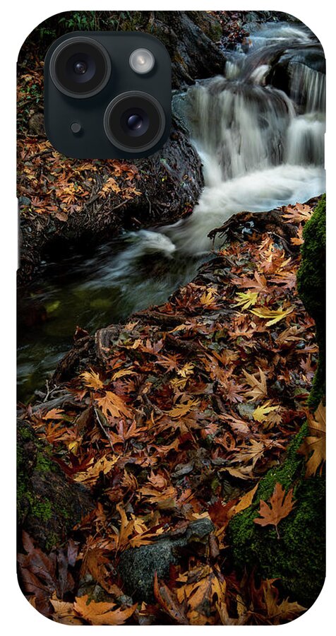 Waterfall iPhone 15 Case featuring the photograph River flowing with maple leaves on the rocks on the riverside in autumn season by Michalakis Ppalis
