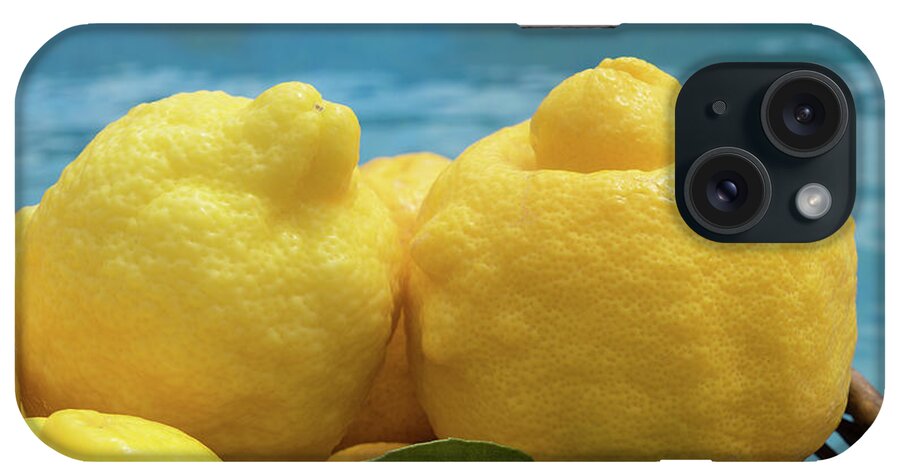 Fruit iPhone Case featuring the photograph Sunny yellow lemons and blue water by Adriana Mueller