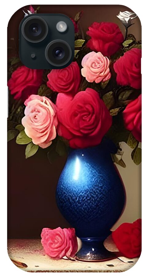 Roses iPhone Case featuring the digital art Roses in Blue Vase by Katrina Gunn