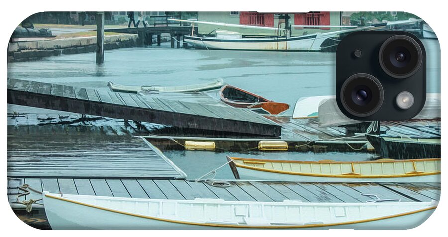 Sailboats iPhone Case featuring the digital art Row boats tied up in harbor on rainy day by Susan Vineyard