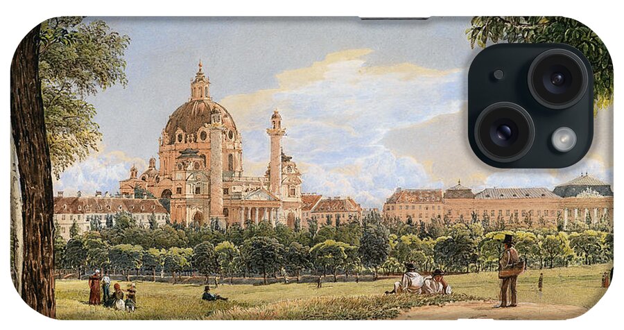 Vintage iPhone Case featuring the painting Rudolf von Alt, View of St.Charles s Church and the Polytechnic Institute by MotionAge Designs