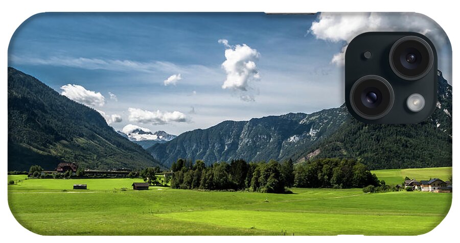 Austria iPhone Case featuring the photograph Rural Landscape With Houses In Front Of Mountain Dachstein In The Alps Of Austria by Andreas Berthold