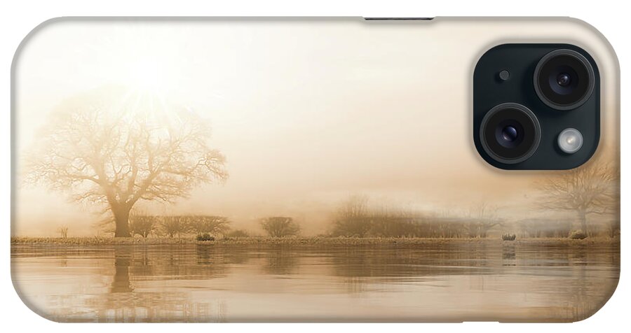 Winter iPhone Case featuring the photograph Rural misty Norfolk landscape with water reflections by Simon Bratt