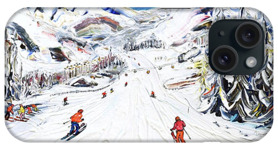 Skicircus iPhone 15 Case featuring the painting Saalbach Hinterglemm Village ViewSki Poster and Ski Print by Pete Caswell