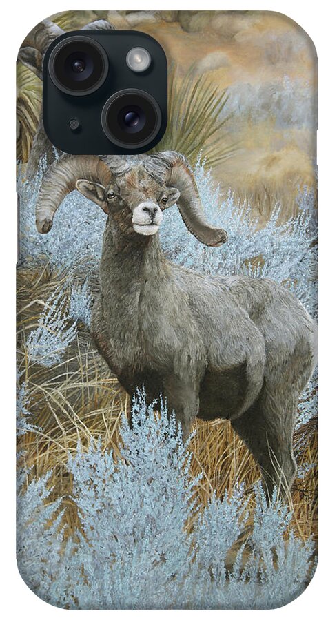 North American Wildlife iPhone Case featuring the painting Sagebrush Sentinels - Desert Bighorn Sheep by Johanna Lerwick