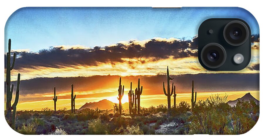 Arizona iPhone Case featuring the photograph Saguaro Sunrise Panorama, Arizona by Don Schimmel