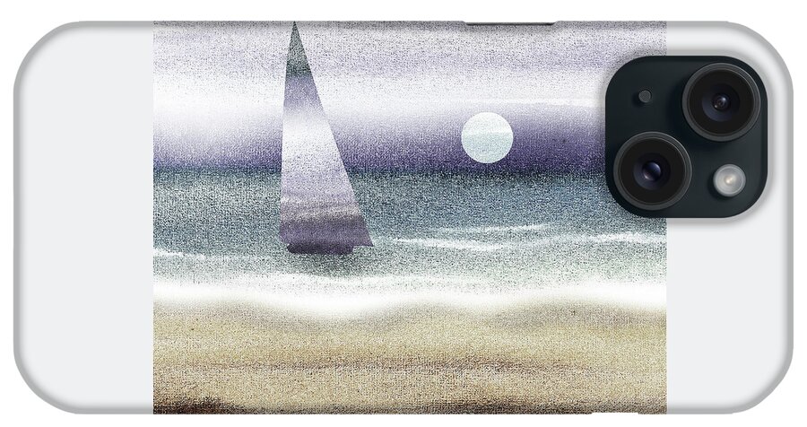 Boat Ocean Horizon Beach Art Sea Ocean Shore Waves Abstract Painting iPhone Case featuring the painting Sailboat At The Ocean Shore Seascape Painting Beach House Art Decor VII by Irina Sztukowski