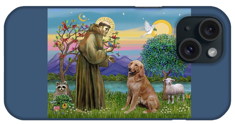 Animals iPhone Case featuring the digital art Saint Francis Blesses a Golden Retriever by Jean Batzell Fitzgerald