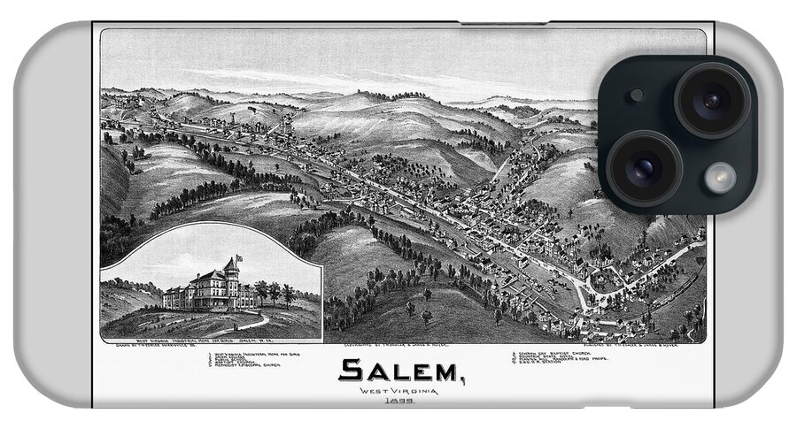 Salem iPhone Case featuring the photograph Salem West Virginia Vintage Map Birds Eye View 1899 Black and White by Carol Japp