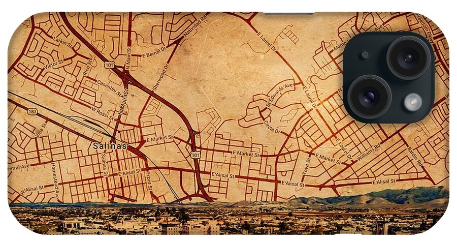 Salinas iPhone Case featuring the digital art Salinas, California - panorama and map of the central part by Nicko Prints
