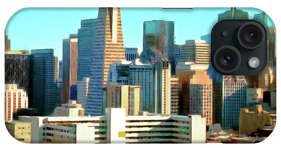 Wingsdomain iPhone Case featuring the photograph San Francisco Downtown Financial District Cityscape Panorama With Bay Bridge R1814 Painterly Square by Wingsdomain Art and Photography