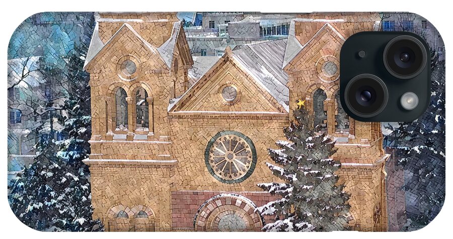 Church iPhone Case featuring the digital art Santa Fe Cathedral in Snow by Aerial Santa Fe