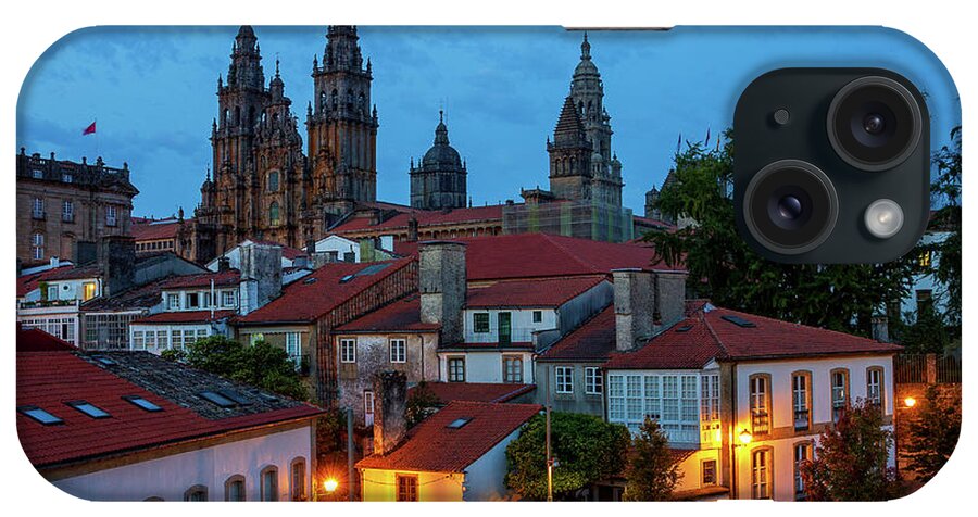 Way iPhone Case featuring the photograph Santiago de Compostela Cathedral Spectacular View by Night Dusk with Street Lights and Tiled Roofs La Corua Galicia by Pablo Avanzini