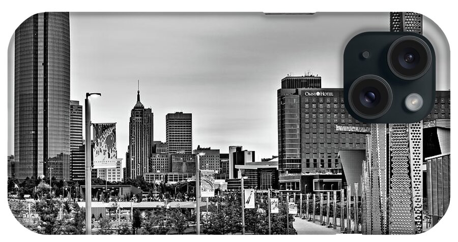 Oklahoma City iPhone Case featuring the photograph Scissortail Park Promenade Walk To The Oklahoma City Skyline - Black and White by Gregory Ballos