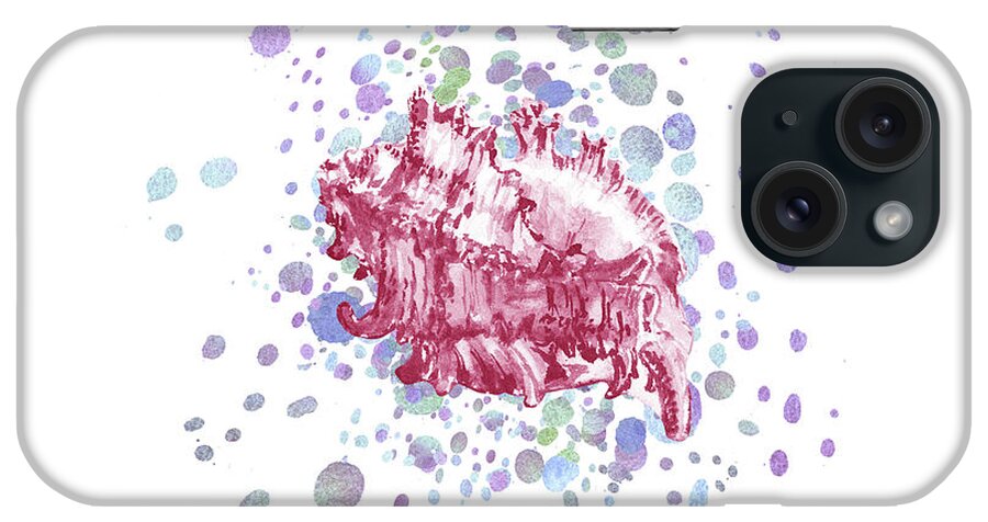 Beach Art iPhone Case featuring the painting Sea Shell On Splash Of Water Drops Beach Art Watercolor V by Irina Sztukowski