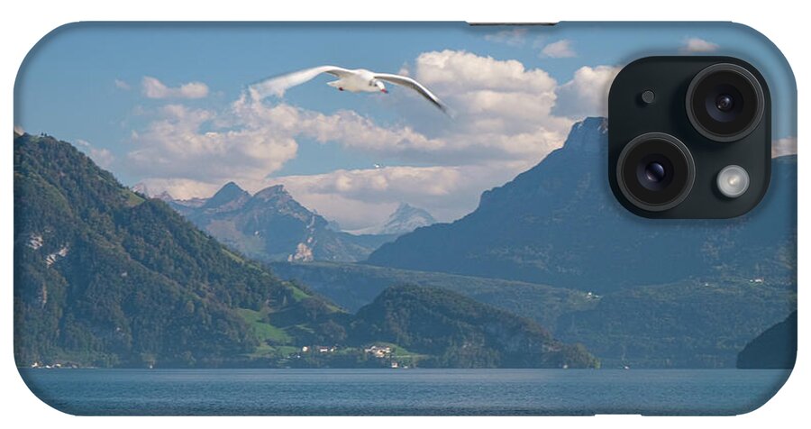 Landscapes iPhone Case featuring the photograph Seagull above Lake Lucerne with Alps in Switzerland by Mary Lee Dereske