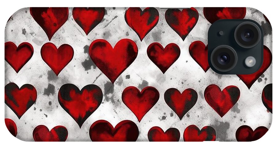 Seamless iPhone Case featuring the painting Seamless Hearts Playing Card Suit Pattern Painted With Black White And Red Paint Tileable Grunge Hand Drawn Valentines Day Wallpaper Love Design Motif Gaming Gambling Or Poker Background Texture by N Akkash