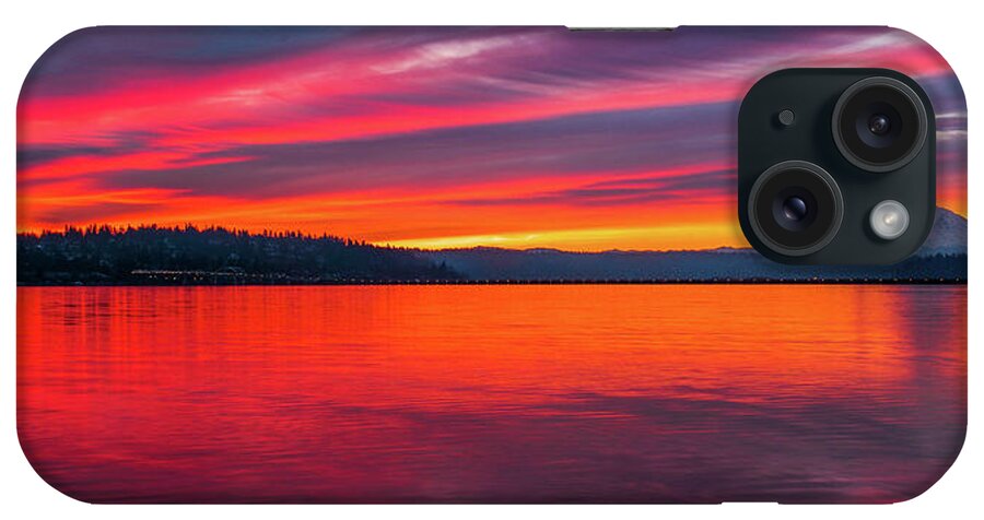 Winter Sunrise; Seattle; Leschi Marina; Mount Rainier; Lake Washington; Cascade Mountains; Seattle Icon iPhone Case featuring the photograph Seattle Sunrise Panorama by Emerita Wheeling