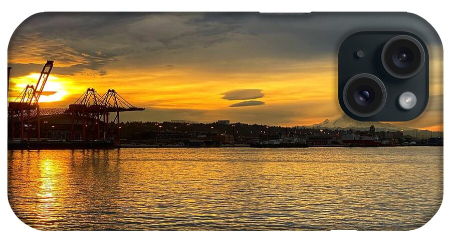 Sunrise iPhone Case featuring the photograph Seattle Waterfront and Mt Rainier Sunrise by Jerry Abbott