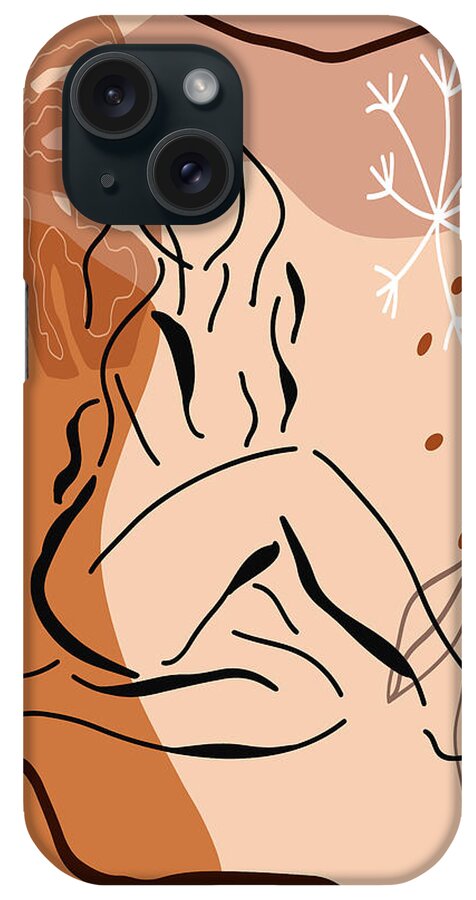 Tropical Leaf iPhone Case featuring the drawing Sensual sitting woman line art, Abstract monstera leaf illustration, Organic floral background by Mounir Khalfouf
