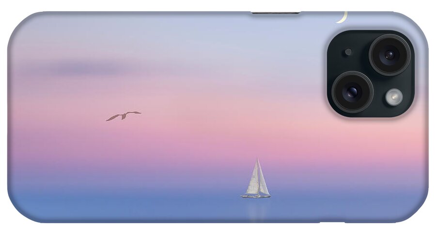Sail Sunset Soft Gentle Calmness Serenity Relaxation Restful Triangles Moon Bird Landscape Scenery Seascape Ship Boat Beautiful Delicate Touching Emotional Impressionism Impression Alone Lonely Loneliness Solitude Delightful Romantic Fairy Poetic Magical Still Spiritual Nostalgic Inspirational Uplifting Blue Pink White Minimal Minimalist Minimalism Sailing Three Ocean Relax Sweet Dreamy Dream Timeless Foggy Misty Pleasing Appealing Painterly Artistic Watercolor Pastel Fantasy Peaceful Dawn Dusk iPhone Case featuring the photograph Serenity by Tatiana Bogracheva
