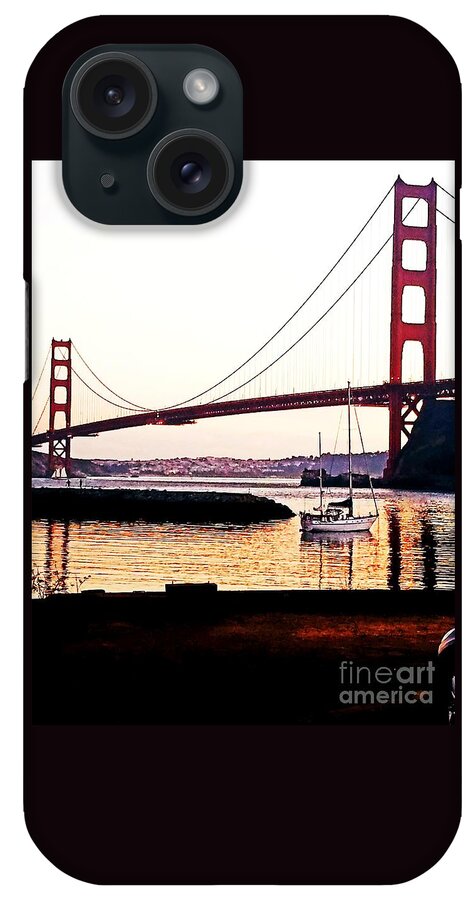 Golden Gate Bridge iPhone 15 Case featuring the painting SF Fog Meets October Sunset by Artist Linda Marie