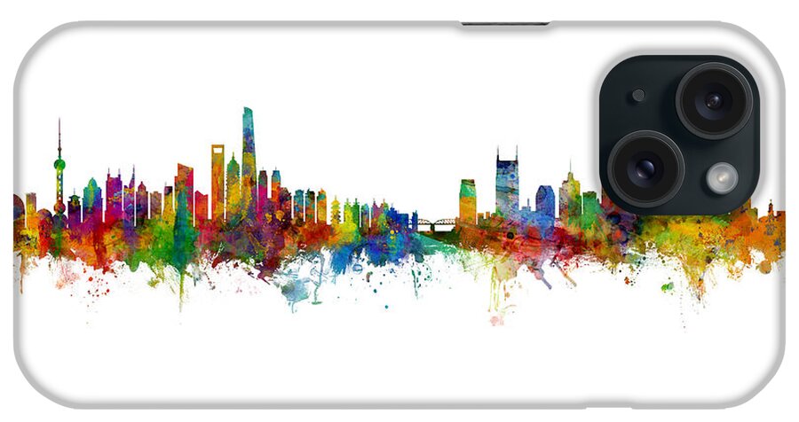 Nashville iPhone Case featuring the digital art Shanghai and Nashville Skylines Mashup by Michael Tompsett