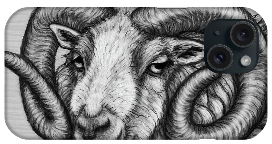 Ram iPhone Case featuring the drawing Shetland Ram. Black and White by Amy E Fraser