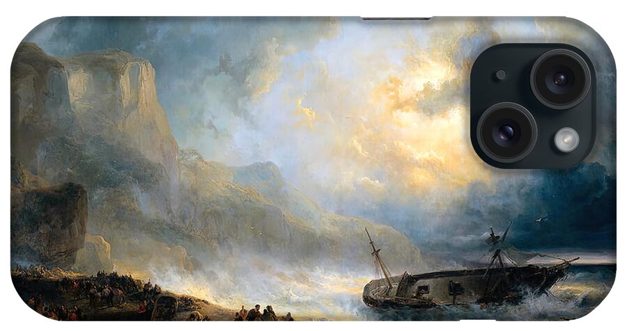 Shipwreck iPhone Case featuring the painting Shipwreck on a Rocky Coast by Wijnandus Johannes Joseph Nuyen