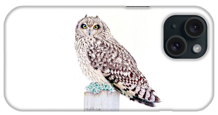 Short-eared Owl iPhone Case featuring the mixed media Short-eared Owl, mixed media. by Tony Mills
