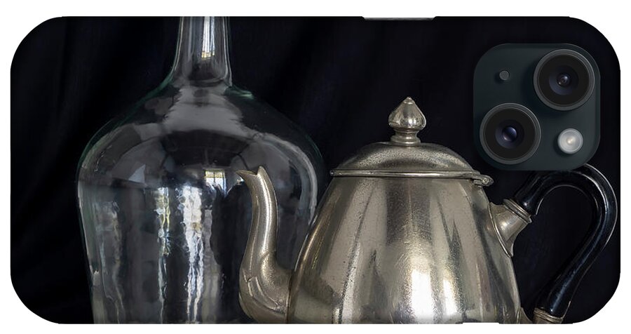 Culture iPhone Case featuring the photograph Silver Teapot and Demijohn Black Background Marble Table by Pablo Avanzini
